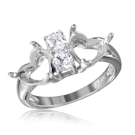 Rhodium Plated Sterling Silver 925 Double Heart Mounting Ring CZ Band Sizes 5-9