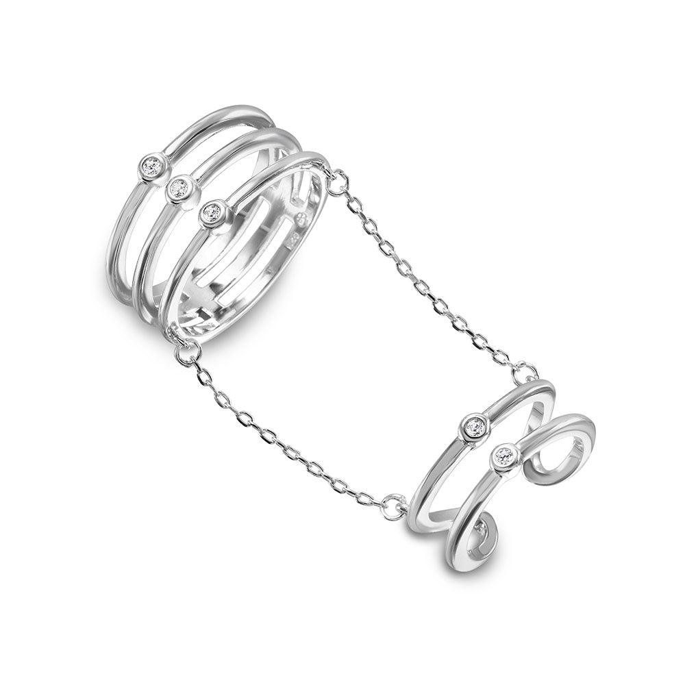 Rhodium Plated Sterling Silver 925 2 Rings in 1 Attached on a Chain Sizes 6-8