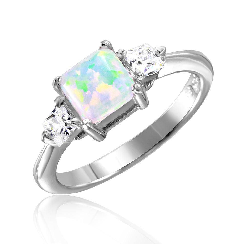 Rhodium Plated Sterling Silver 925 6mm Synthetic Opal 3mm CZ Ring Band Sizes 5-9