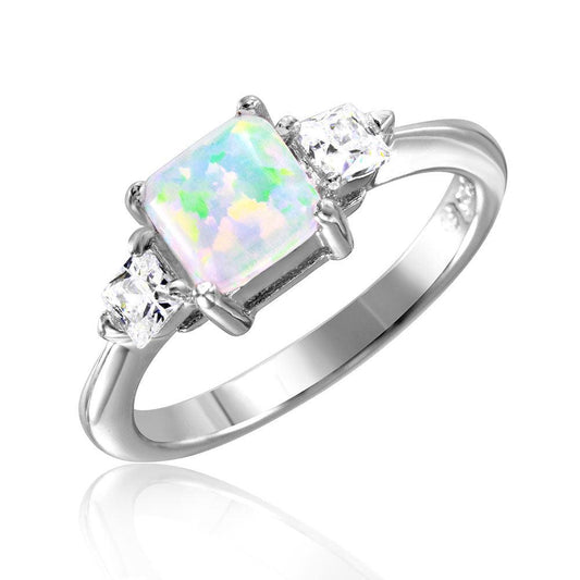 Rhodium Plated Sterling Silver 925 6mm Synthetic Opal 3mm CZ Ring Band Sizes 5-9