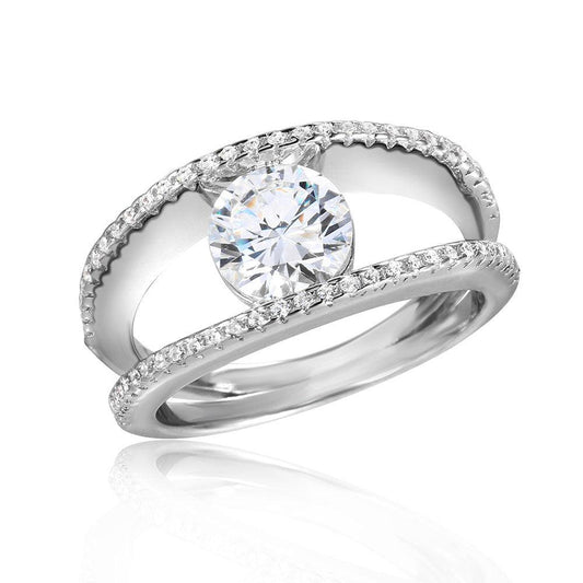 Polished Rhodium Plated Sterling Silver 925 Clear CZ Ring Fashion Band Sizes 5-9