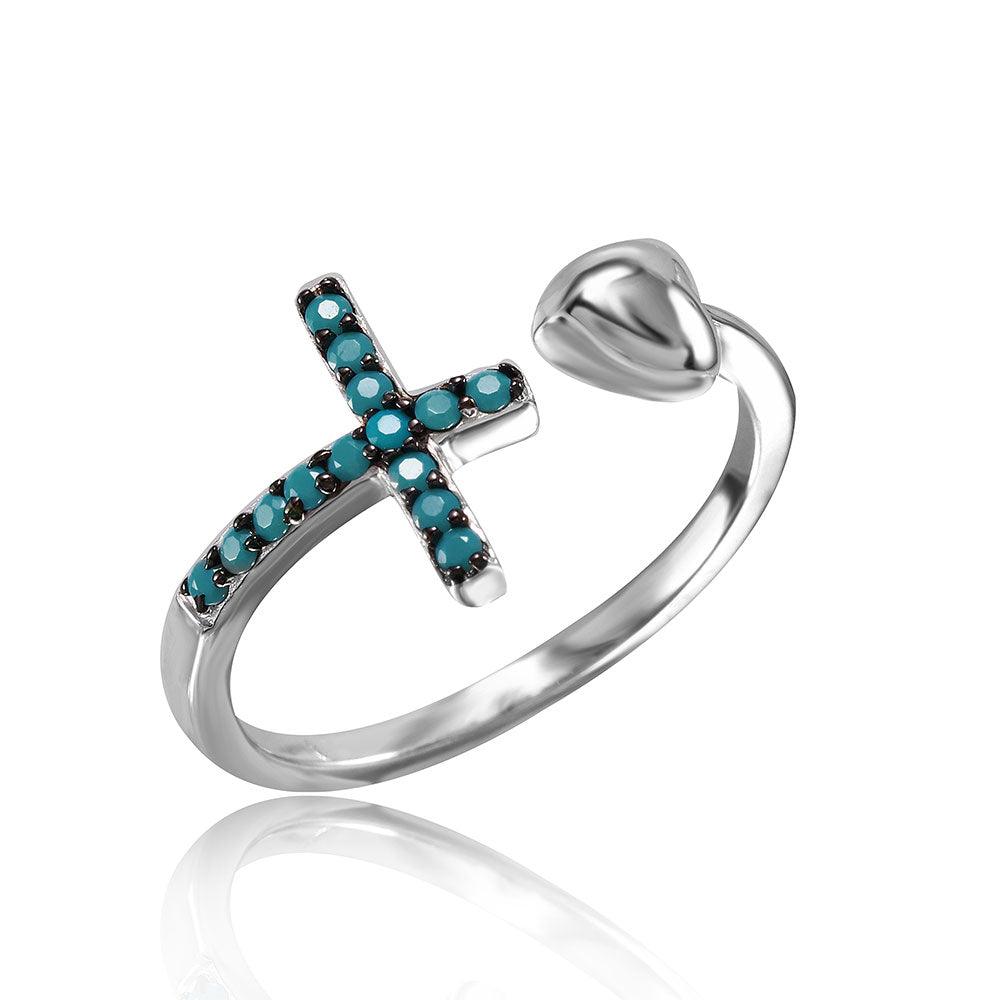 Rhodium Plated Sterling Silver Cross Heart Ring Simulated Turquoise Sizes 4.5-9