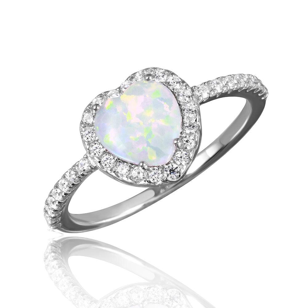 Rhodium Plated Sterling Silver 925 Halo Heart Ring Synthetic Opal CZ Sizes 5-9