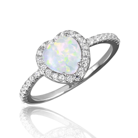 Rhodium Plated Sterling Silver 925 Halo Heart Ring Synthetic Opal CZ Sizes 5-9