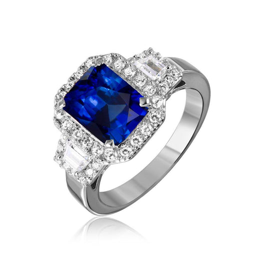 Rhodium Plated Sterling Silver 925 Sapphire Emerald Cut CZ Ring Band Sizes 5-9