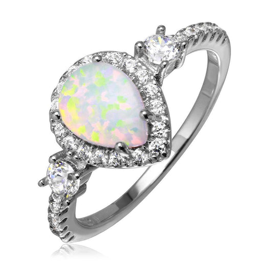 Rhodium Plated Sterling Silver 925 Halo Pear Ring Synthetic Opal CZ Sizes 5-9