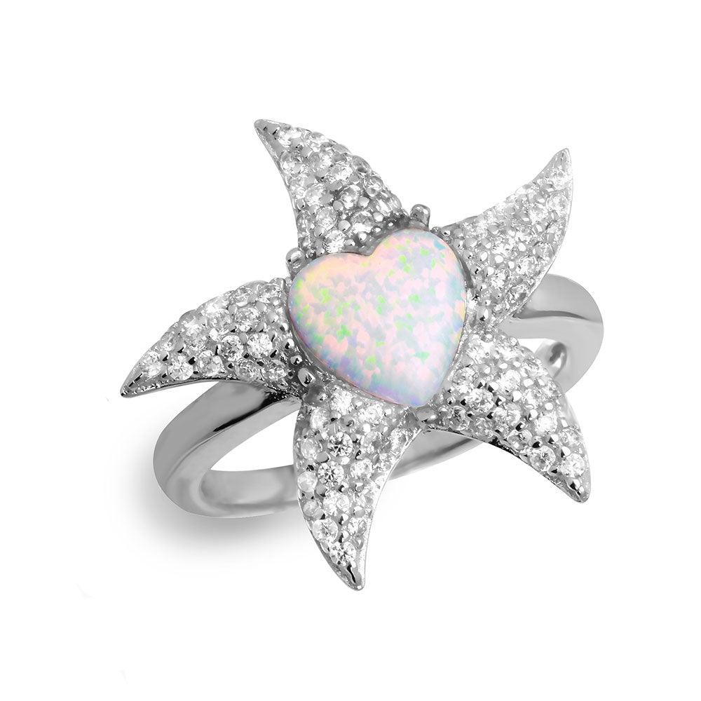 Rhodium Plated Sterling Silver 925 Starfish Ring Synthetic Opal CZ Sizes 5-9