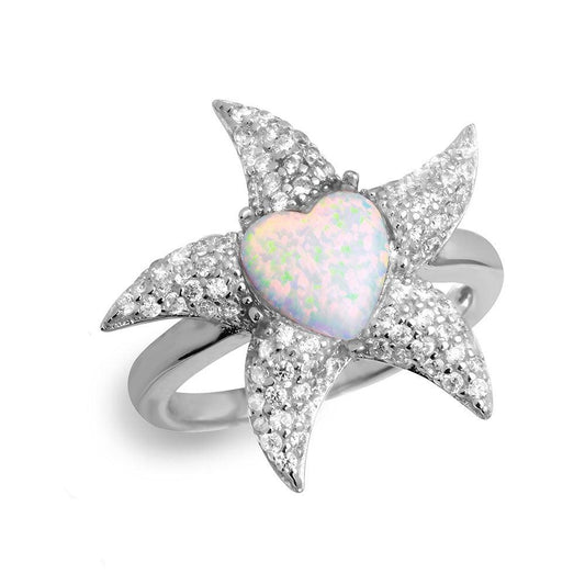 Rhodium Plated Sterling Silver 925 Starfish Ring Synthetic Opal CZ Sizes 5-9