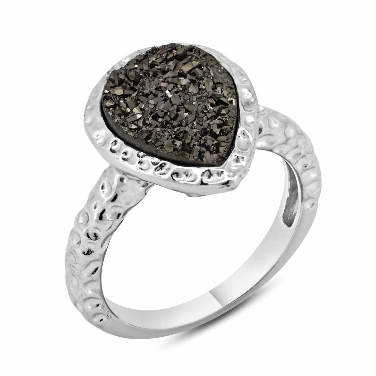 Rhodium Plated Sterling Silver 925 Pear Brown Druzy Simulated CZ Ring Sizes 5-8