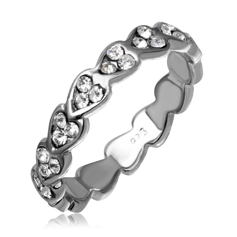 Rhodium Plated Sterling Silver 925 Mini Heart Shaped Eternity Ring CZ Sizes 5-9