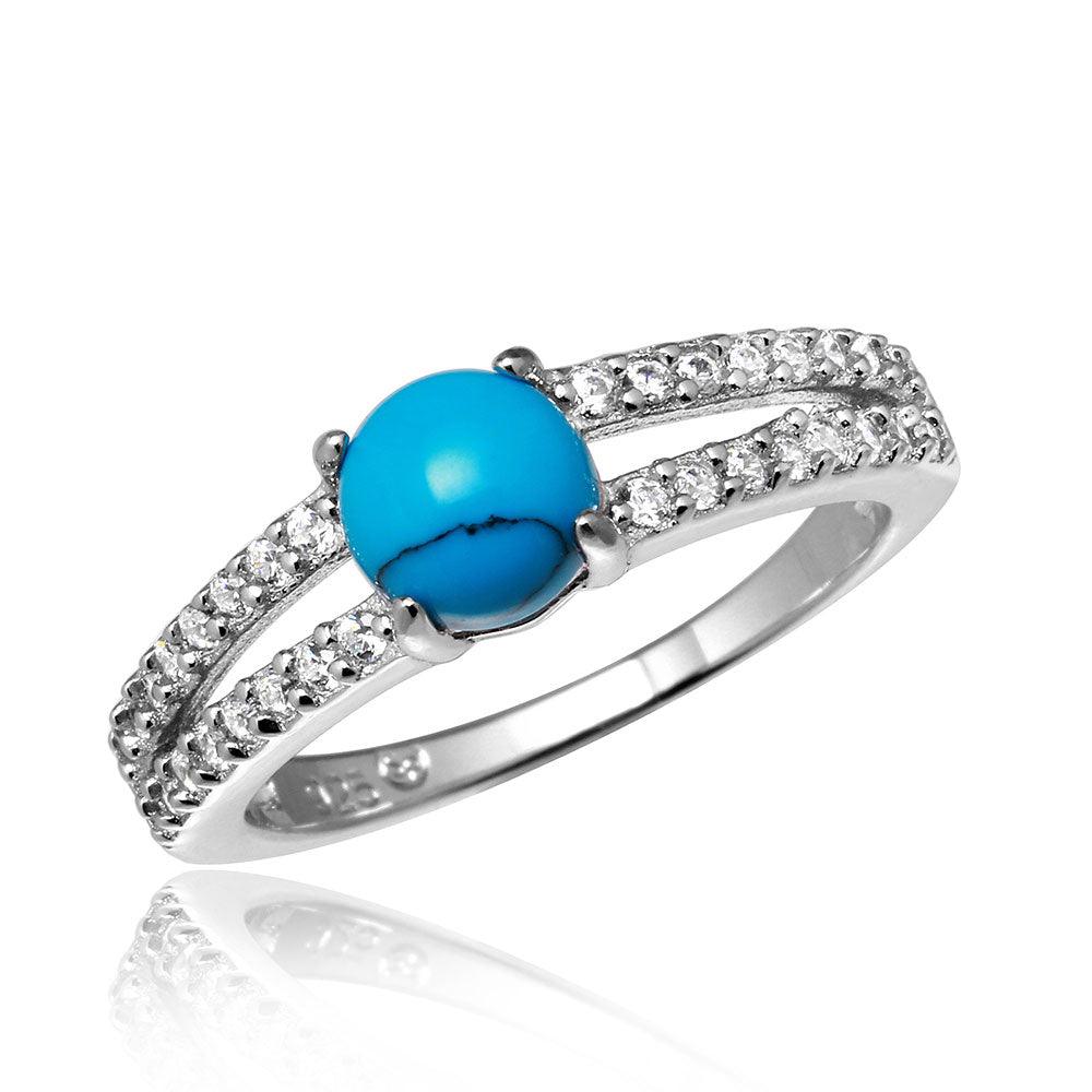 Rhodium Plated Sterling Silver 925 Wedding Band Simulated Turquoise Sizes 5-9