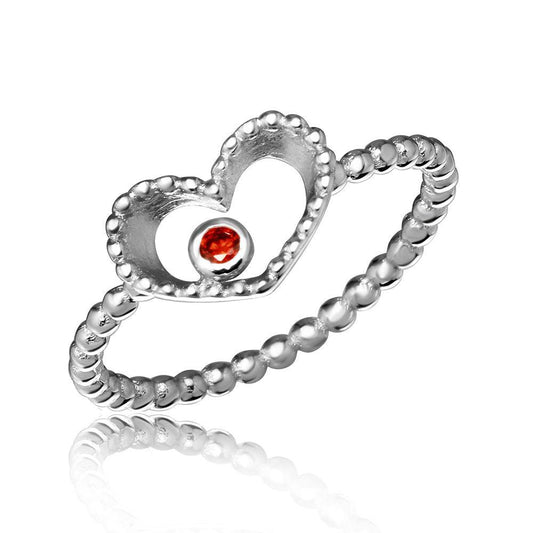 Rhodium Plated Sterling Silver 925 Open Heart Ring Red CZ Band Sizes 5-9