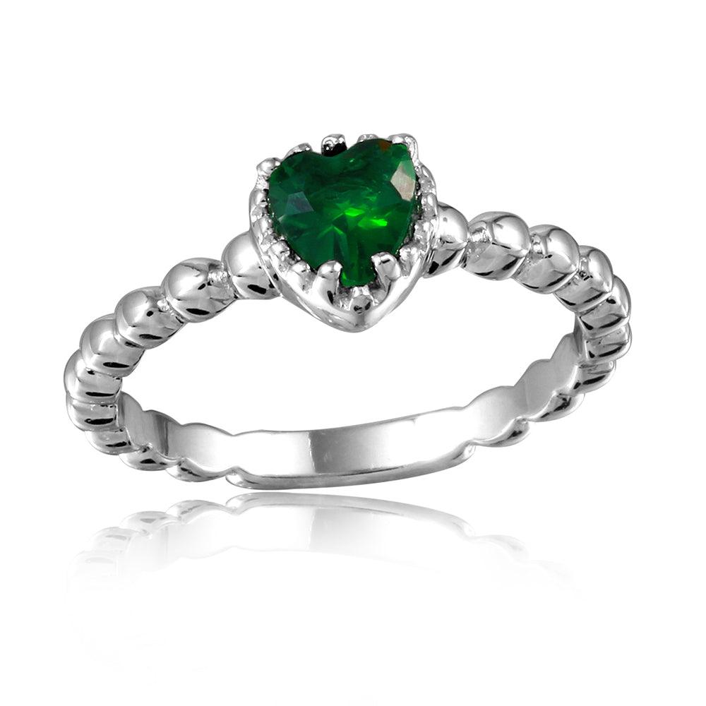 Rhodium Plated Sterling Silver 925 Beaded Band Green Heart CZ Ring Sizes 5-9