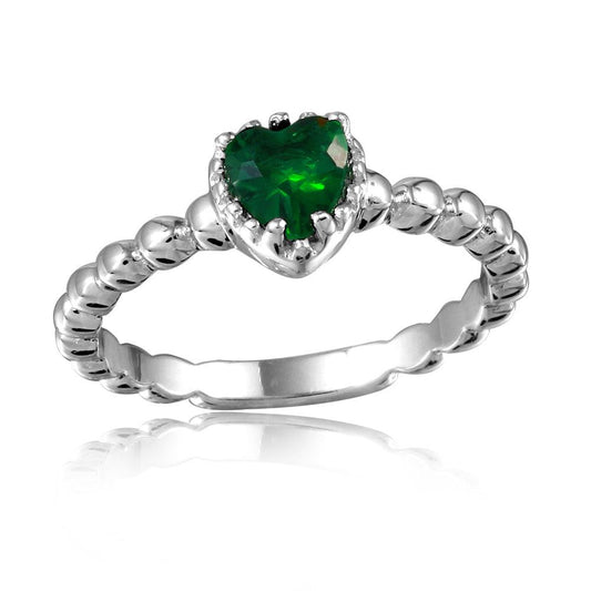 Rhodium Plated Sterling Silver 925 Beaded Band Green Heart CZ Ring Sizes 5-9
