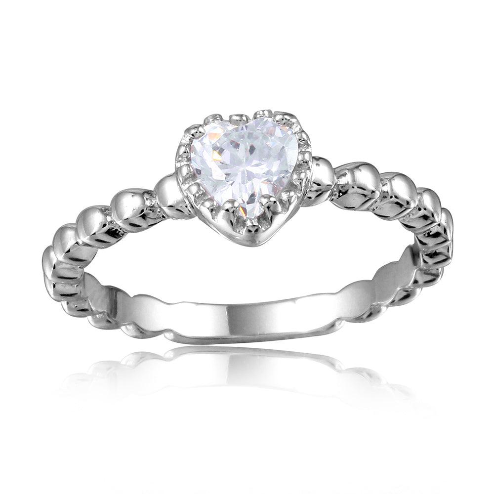 Rhodium Plated Sterling Silver 925 Beaded Band Clear Heart CZ Ring Sizes 5-9