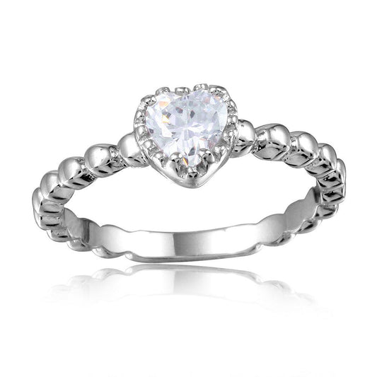 Rhodium Plated Sterling Silver 925 Beaded Band Clear Heart CZ Ring Sizes 5-9
