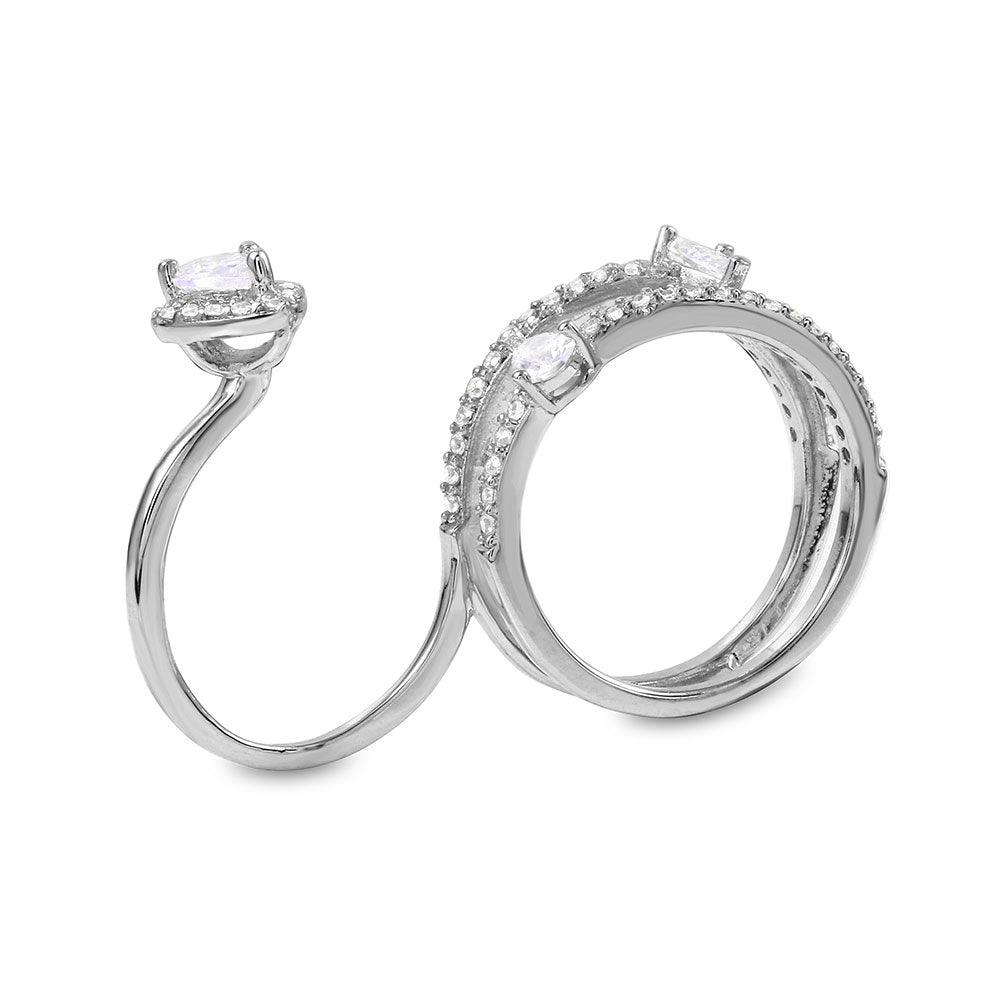 Rhodium Plated Sterling Silver 925 Two-Finger Teardrop CZ Ring Band Sizes 6-8