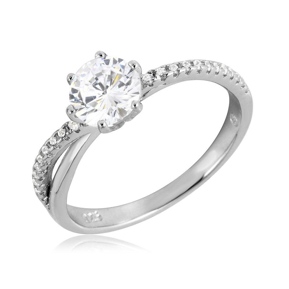 Polished Rhodium Plated Sterling Silver 925 Twisted CZ Shank Ring Band Sizes 5-9