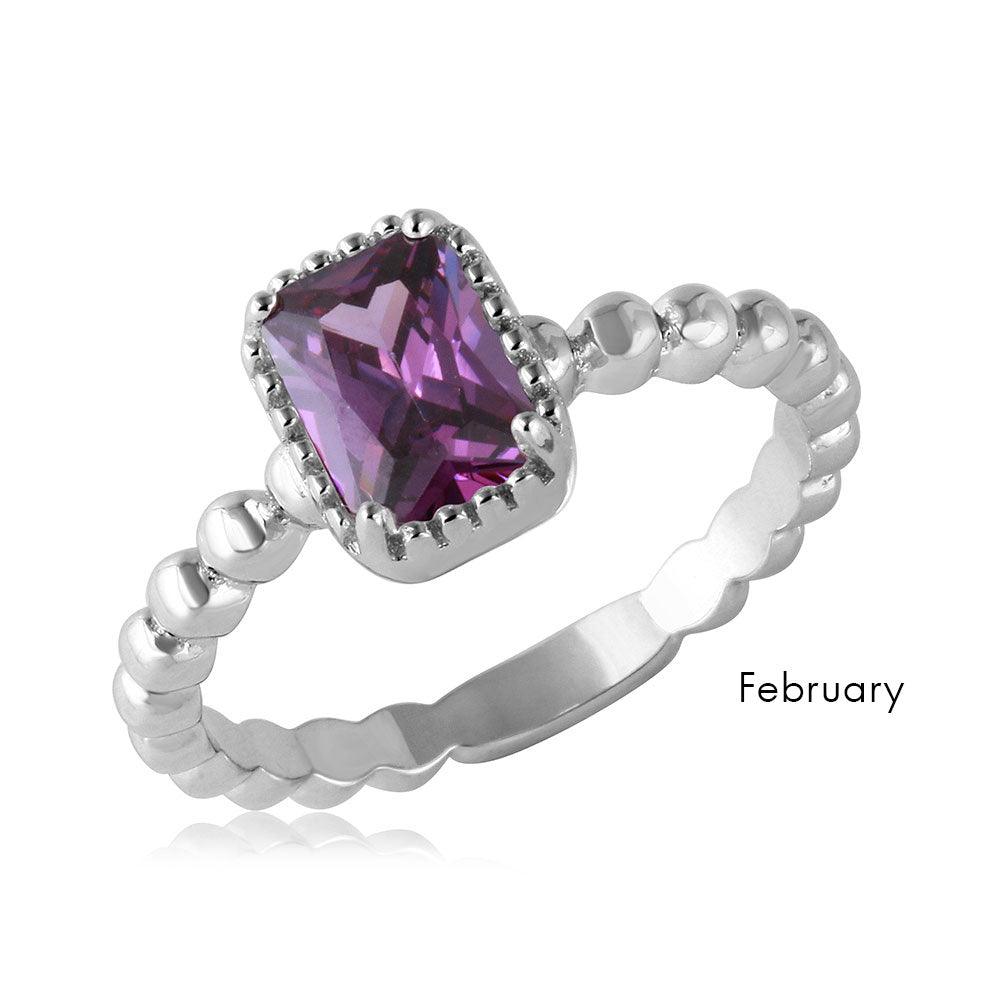 Rhodium Plated Sterling Silver 925 Simulated February CZ Ring Band Sizes 5-9