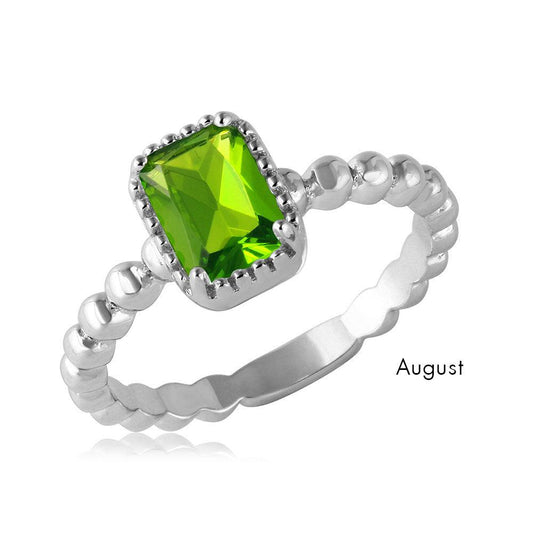 Rhodium Plated Sterling Silver 925 Beaded Simulated August CZ Ring Sizes 5-9