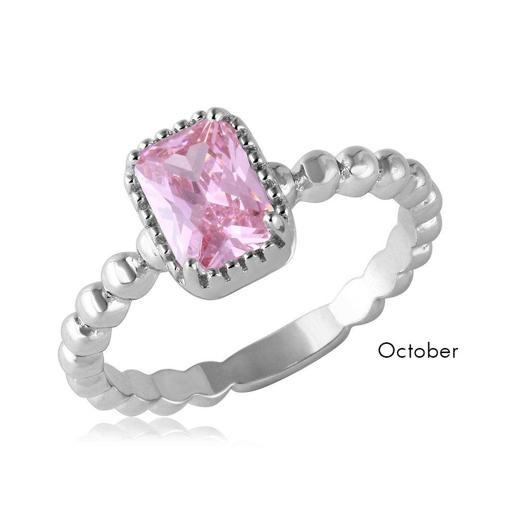 Rhodium Plated Sterling Silver 925 Simulated October CZ Ring Band Sizes 5-9