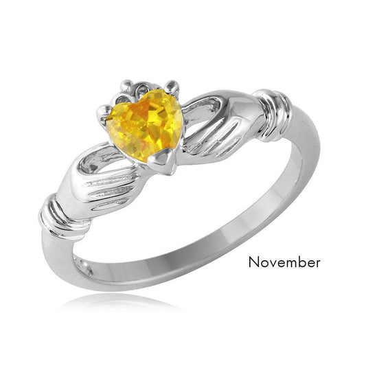 Rhodium Plated Sterling Silver 925 Simulated November CZ Claddagh Ring Sizes 5-9