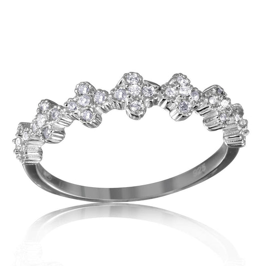 Polished Rhodium Plated Sterling Silver 925 Clover Band Clear CZ Ring Sizes 5-9