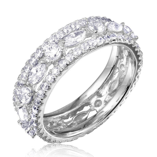 Polished Rhodium Plated Sterling Silver 925 Band Encrusted Clear CZ Sizes 5-9