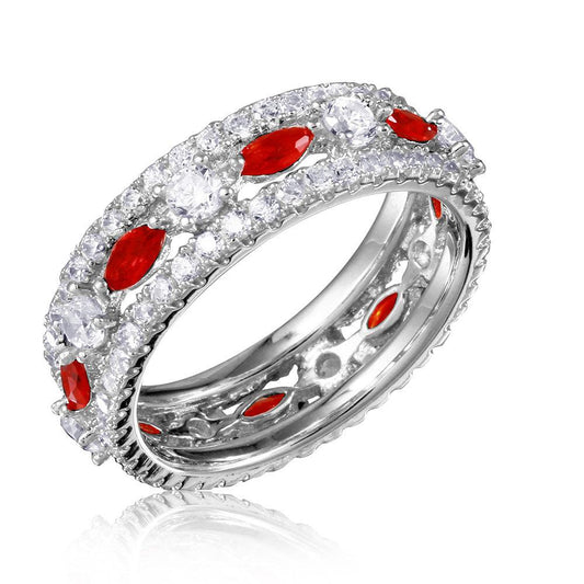 Sterling Silver 925 Rhodium Plated Band Encrusted Clear & Red CZ Sizes 5-9