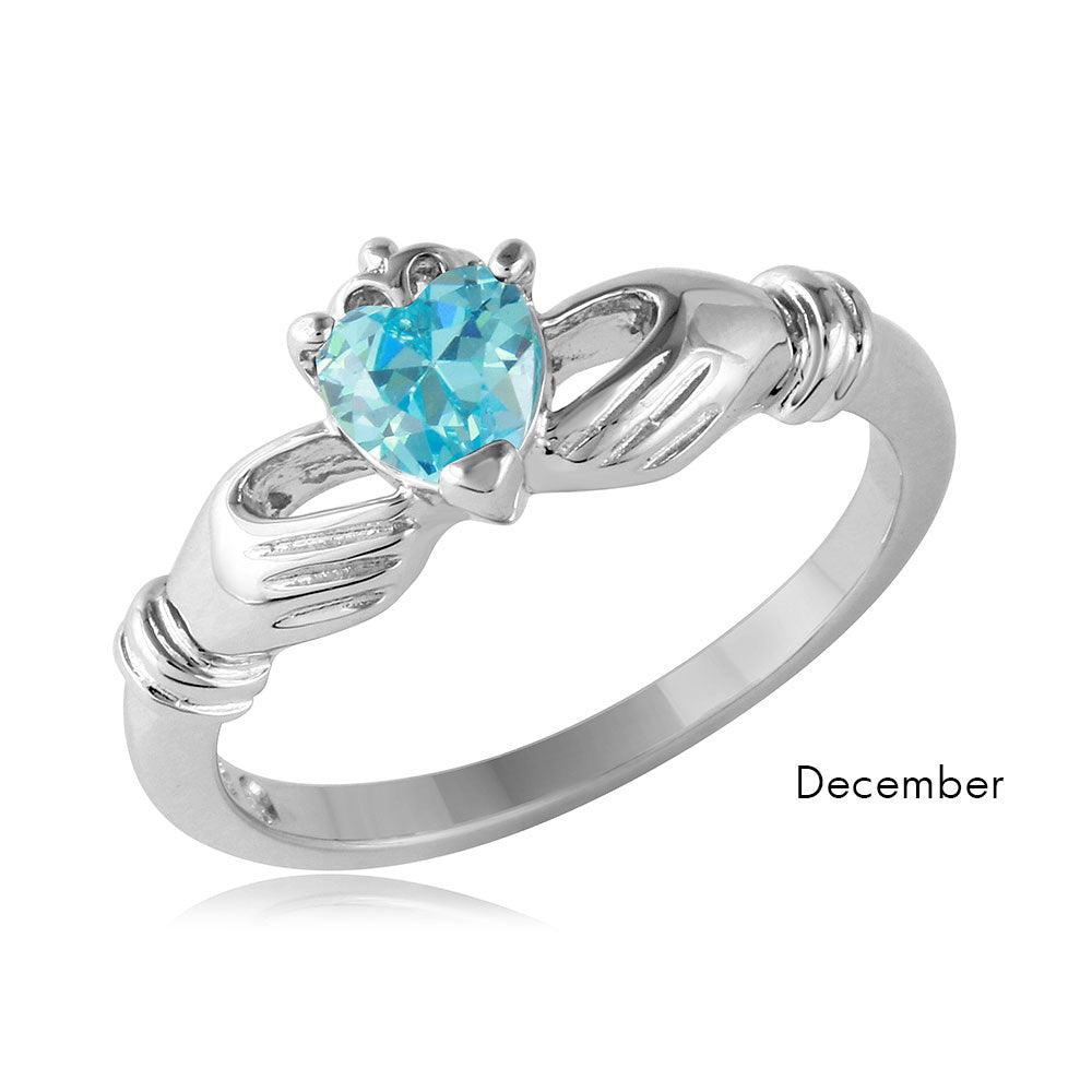 Rhodium Plated Sterling Silver 925 Simulated December CZ Claddagh Ring Sizes 5-9