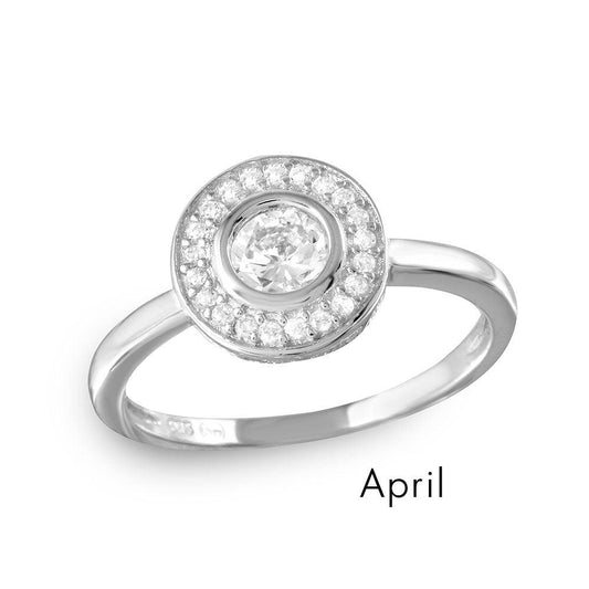 Rhodium Plated Sterling Silver 925 Simulated April CZ Halo Ring Band Sizes 5-9