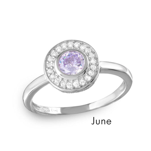 Rhodium Plated Sterling Silver 925 Simulated June CZ Halo Ring Band Sizes 5-9