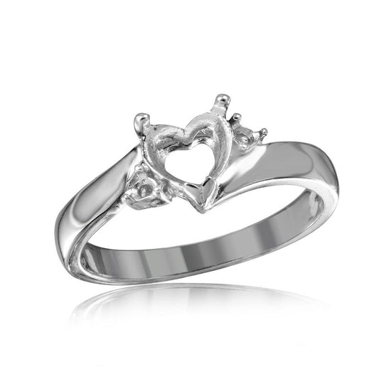 Polished Rhodium Plated Sterling Silver 925 Heart Mounting Ring Band Sizes 5-9