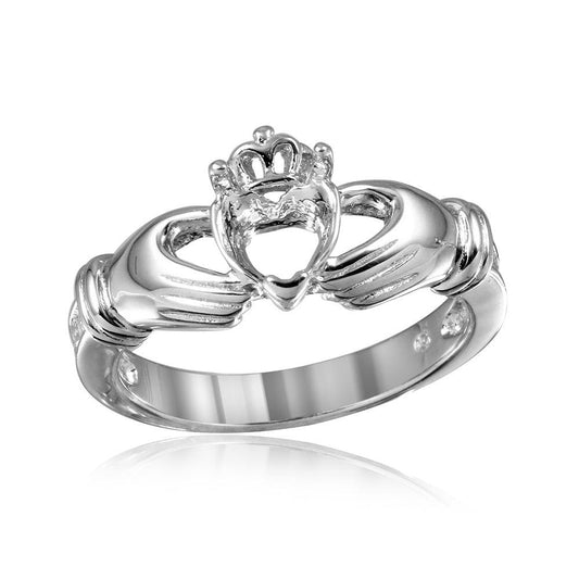 Rhodium Plated Sterling Silver 925 Claddagh CZ Heart Mounting Ring Sizes 5-9