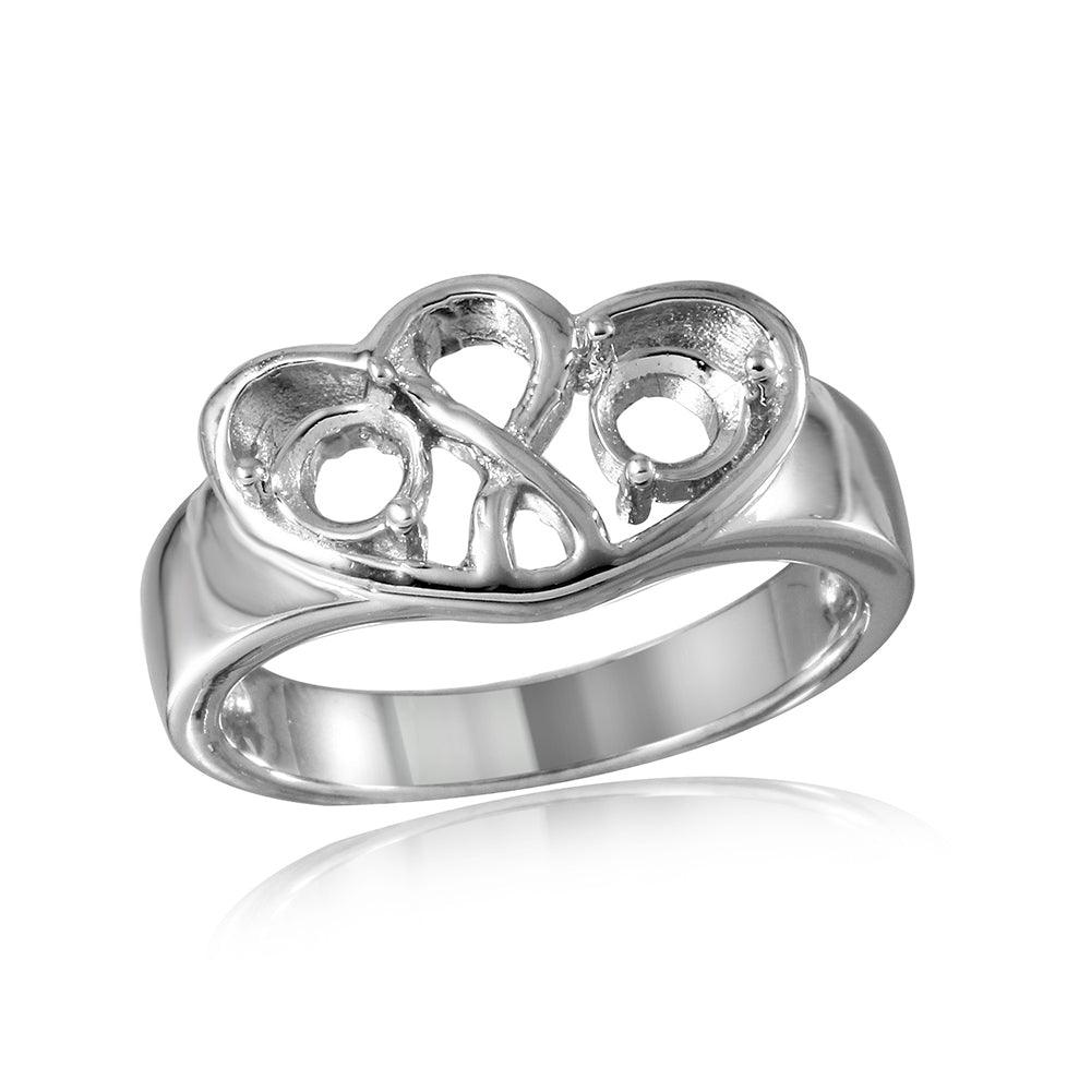 Rhodium Plated Sterling Silver 925 Double Open Heart Mounting Ring Sizes 5-9