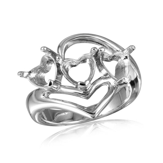 Polished Rhodium Plated Sterling Silver 925 Hearts Mounting Ring Band Sizes 5-9