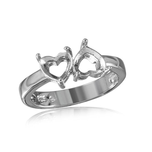 Rhodium Plated Sterling Silver 925 Double Hearts Mounting Ring Band Sizes 5-9