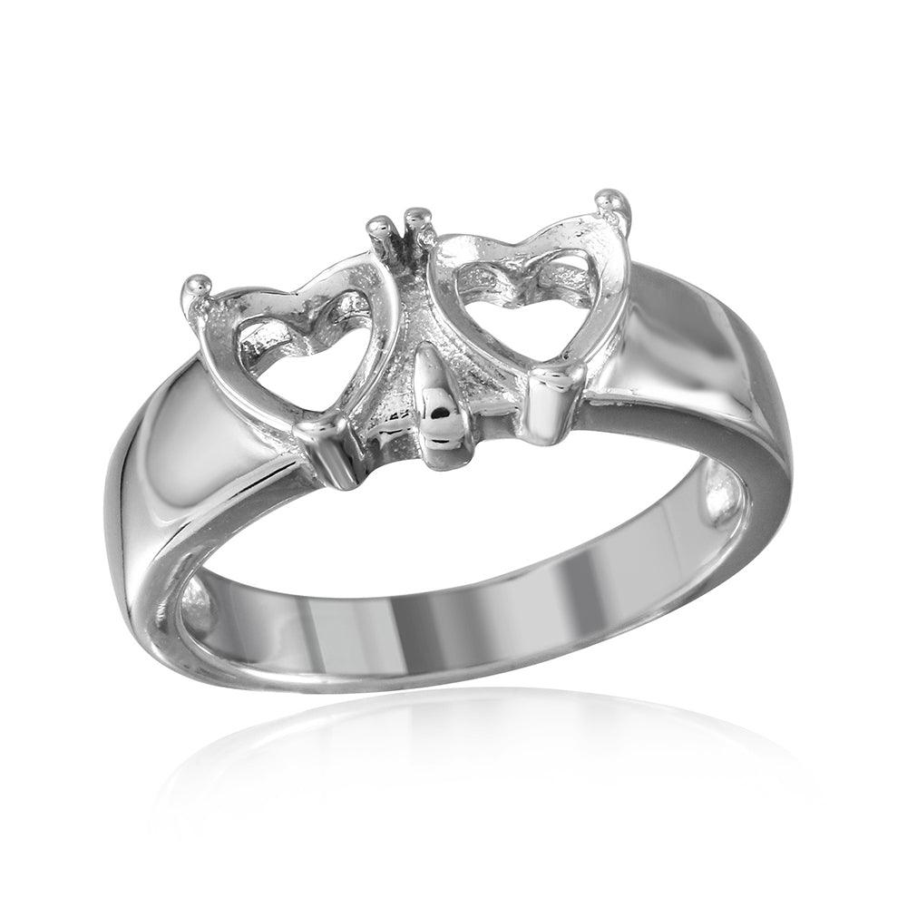 Rhodium Plated Sterling Silver 925 Double Heart Mounting Ring Band Sizes 5-9