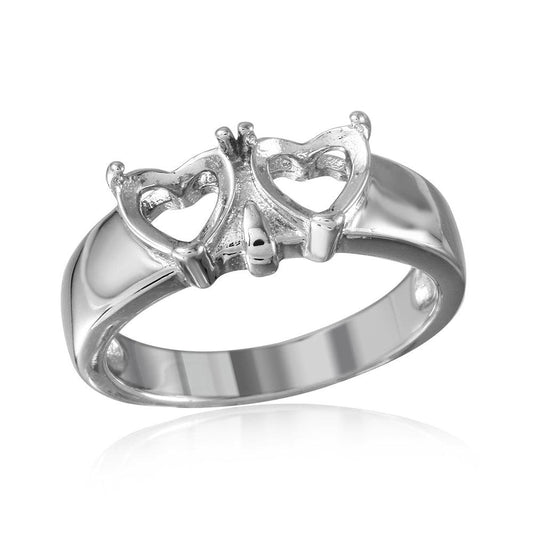 Rhodium Plated Sterling Silver 925 Double Heart Mounting Ring Band Sizes 5-9