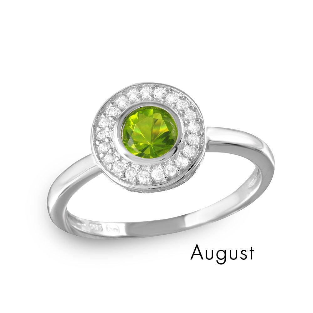 August Sterling Silver 925 Rhodium Plated Peridot CZ Halo Cute Ring Sizes 5-9