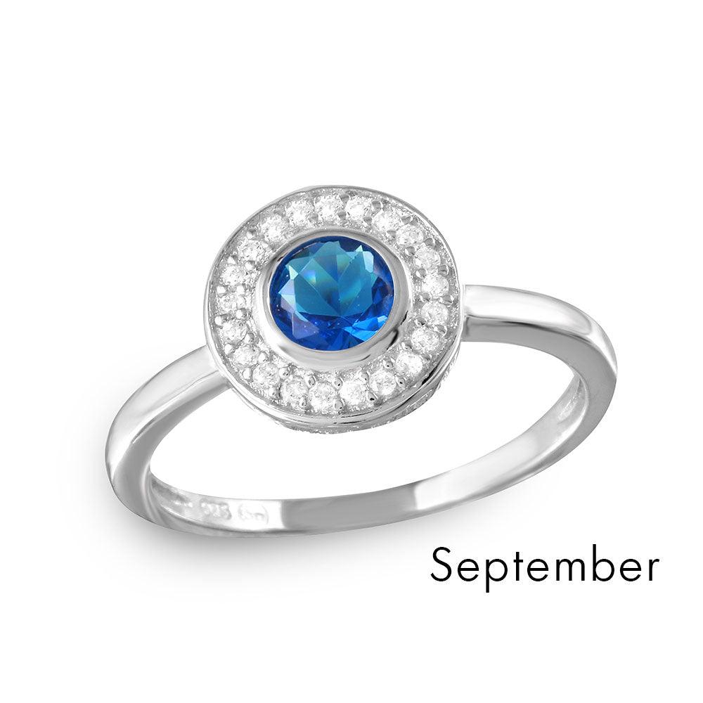 Rhodium Plated Sterling Silver 925 Simulated September CZ Halo Ring Sizes 5-9