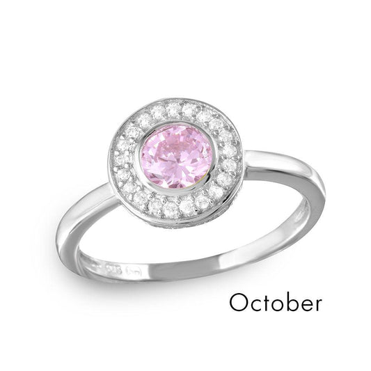 Rhodium Plated Sterling Silver 925 Simulated October CZ Halo Ring Band Sizes 5-9