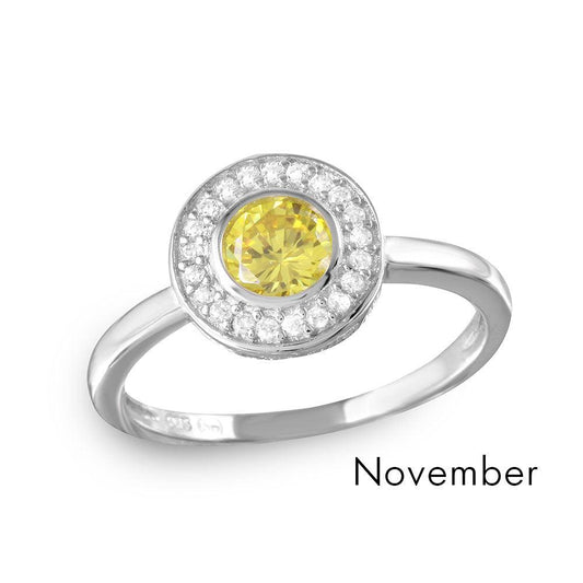 November Sterling Silver 925 Rhodium Plated Citrine CZ Halo Ring Sizes 5-9