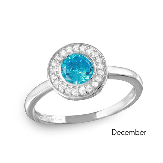 December Sterling Silver 925 Rhodium Plated Blue Topaz CZ Halo Ring Sizes 5-9