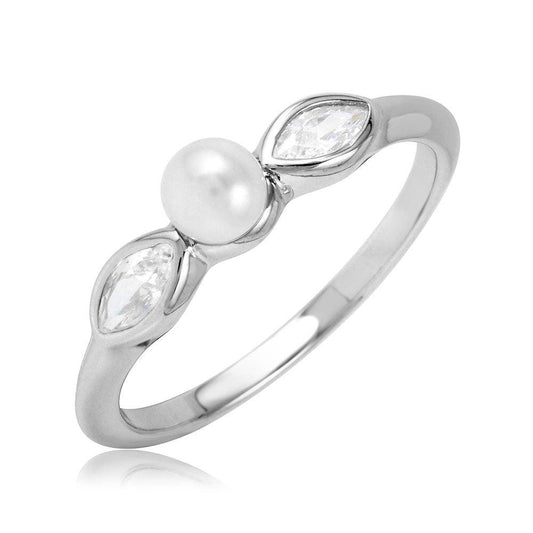 Sterling Silver 925 Rhodium Plated Cats Eye CZ Simulated Pearl Ring Sizes 5-9