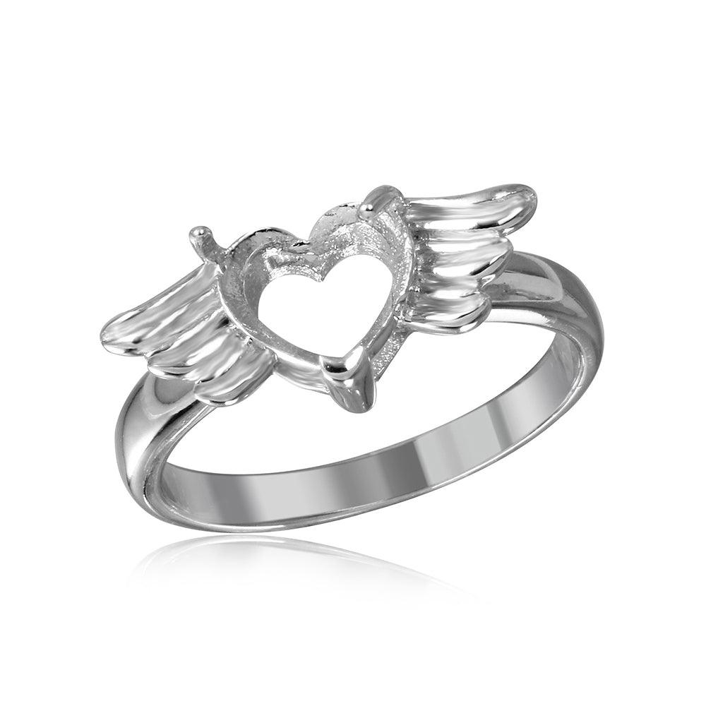 Sterling Silver 925 Rhodium Plated Heart Wings Mounting Ring Sizes 5-9