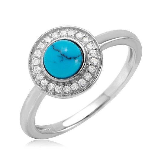 Rhodium Plated Sterling Silver 925 Simulated Turquoise Halo CZ Ring Sizes 5-9