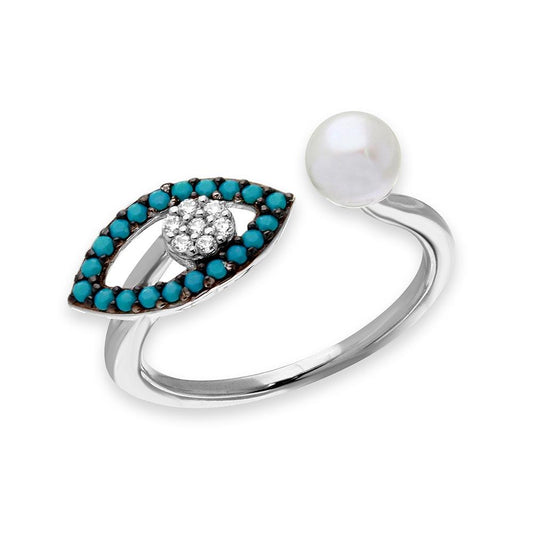 Sterling Silver Simulated Turquoise Evil Eye CZ Simulated Pearl Ring Sizes 6-8