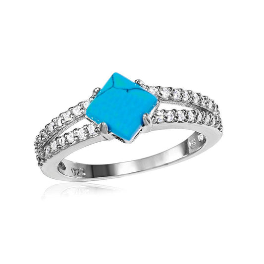 Rhodium Plated Sterling Silver 925 Simulated Turquoise Ring CZ Shank Sizes 5-9