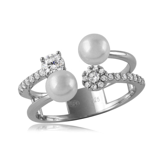 Rhodium Plated Sterling Silver 925 Clear CZ Simulated Pearl Ring Band Sizes 6-8
